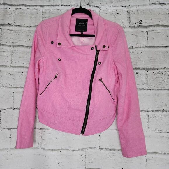 Sanctuary Linen Blend Long Sleeve Full Zip Moto Biker Jacket Pink Size Small - Picture 1 of 12